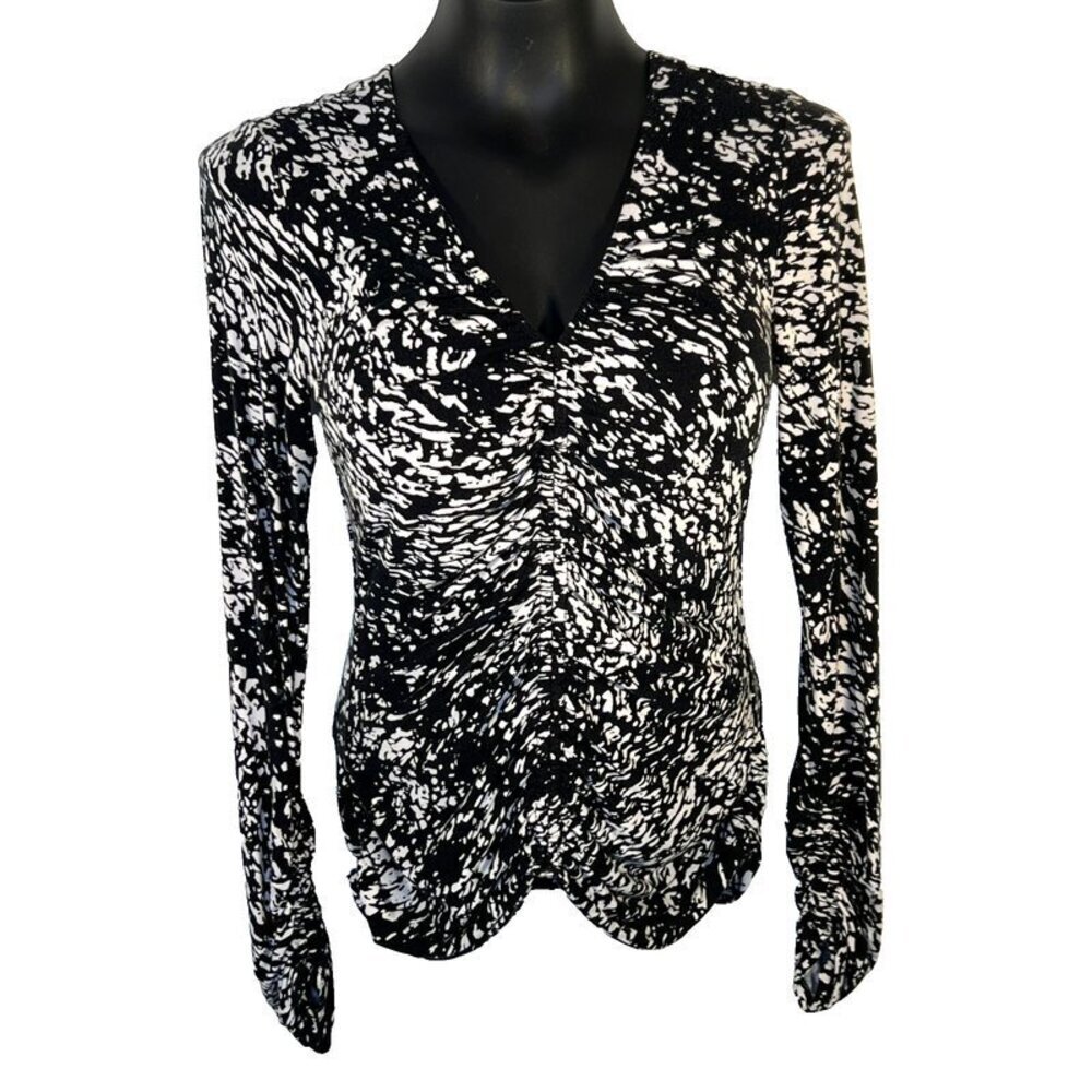 Elie Tahari - Women's S/M Blouse Black White Abstract Print Long Ruched Sleeves - Picture 1 of 16